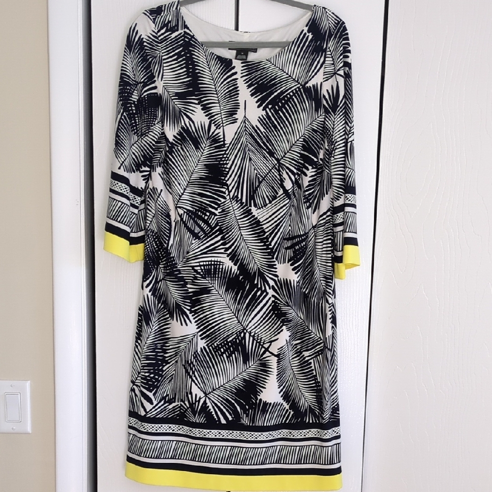 Jessica Howard Black and Yellow Leaf Print Asymmetrical Dress